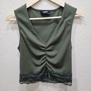 Cider Forest Green Ruched Lace Crop Top